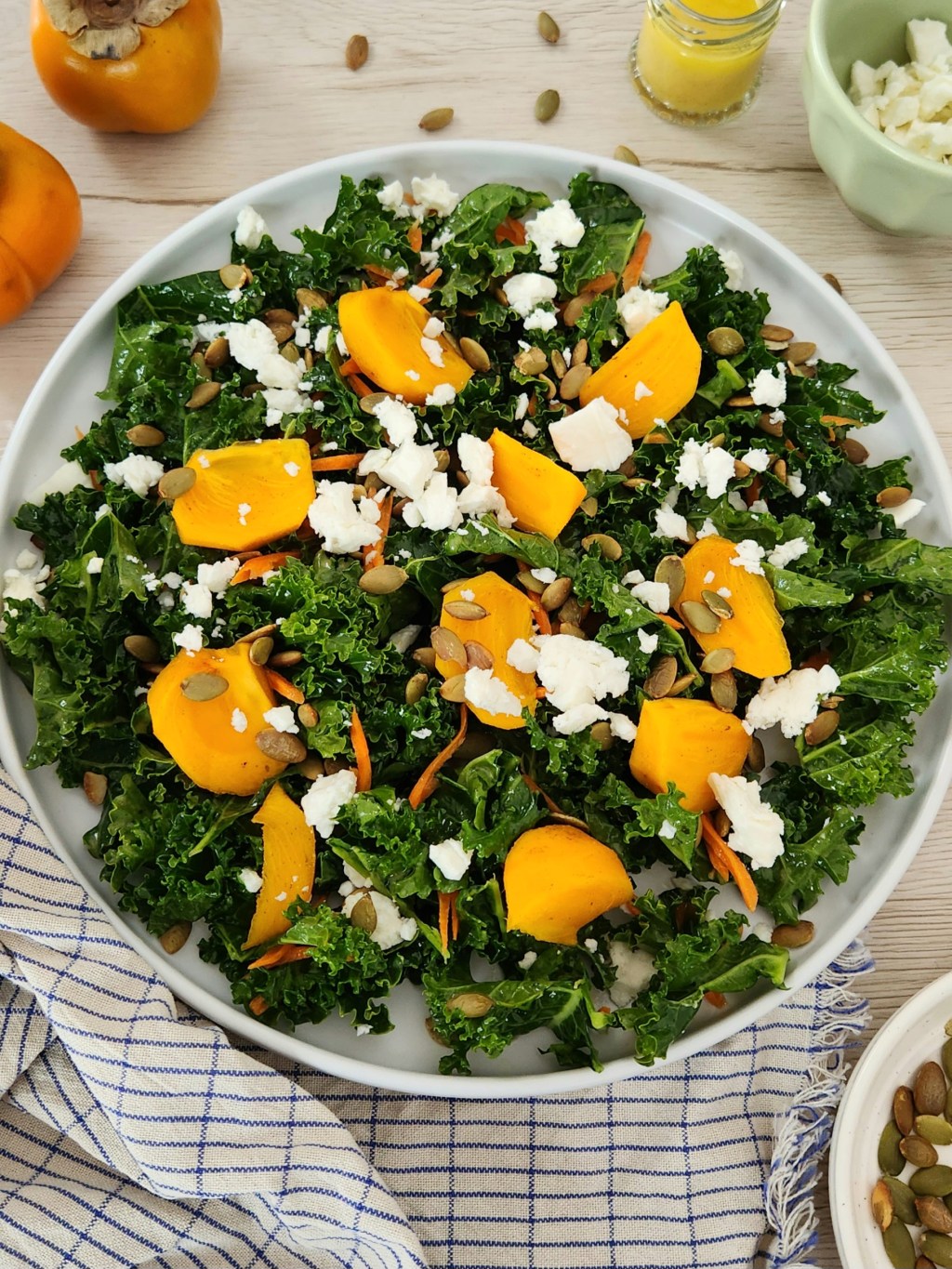 Persimmon Kale Salad with Pumpkin Seeds (Healthy Orange&nbsp;Dressing)