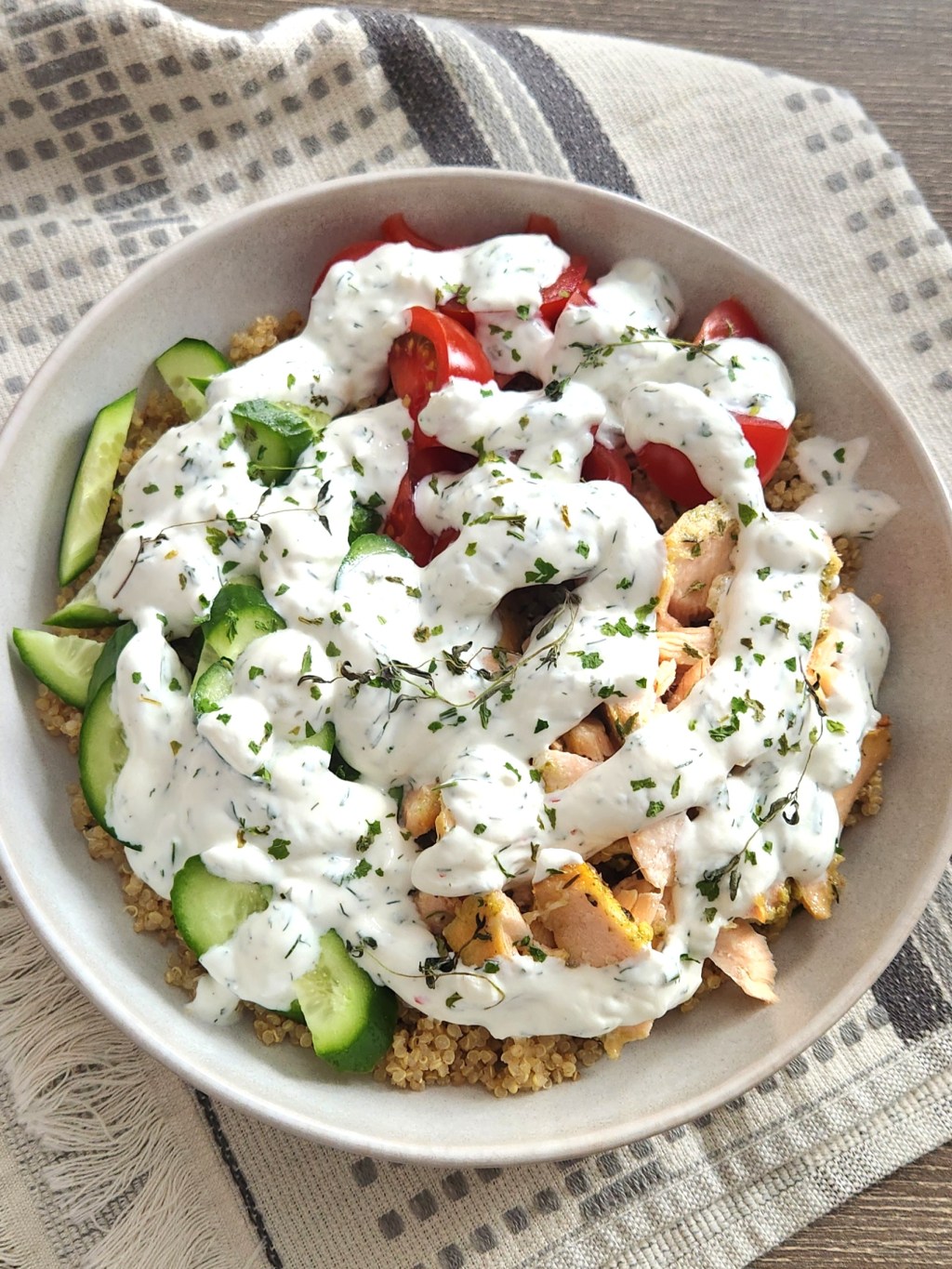 High-Protein Salmon Quinoa Bowl with Yogurt Herb Sauce (Easy &&nbsp;Healthy)