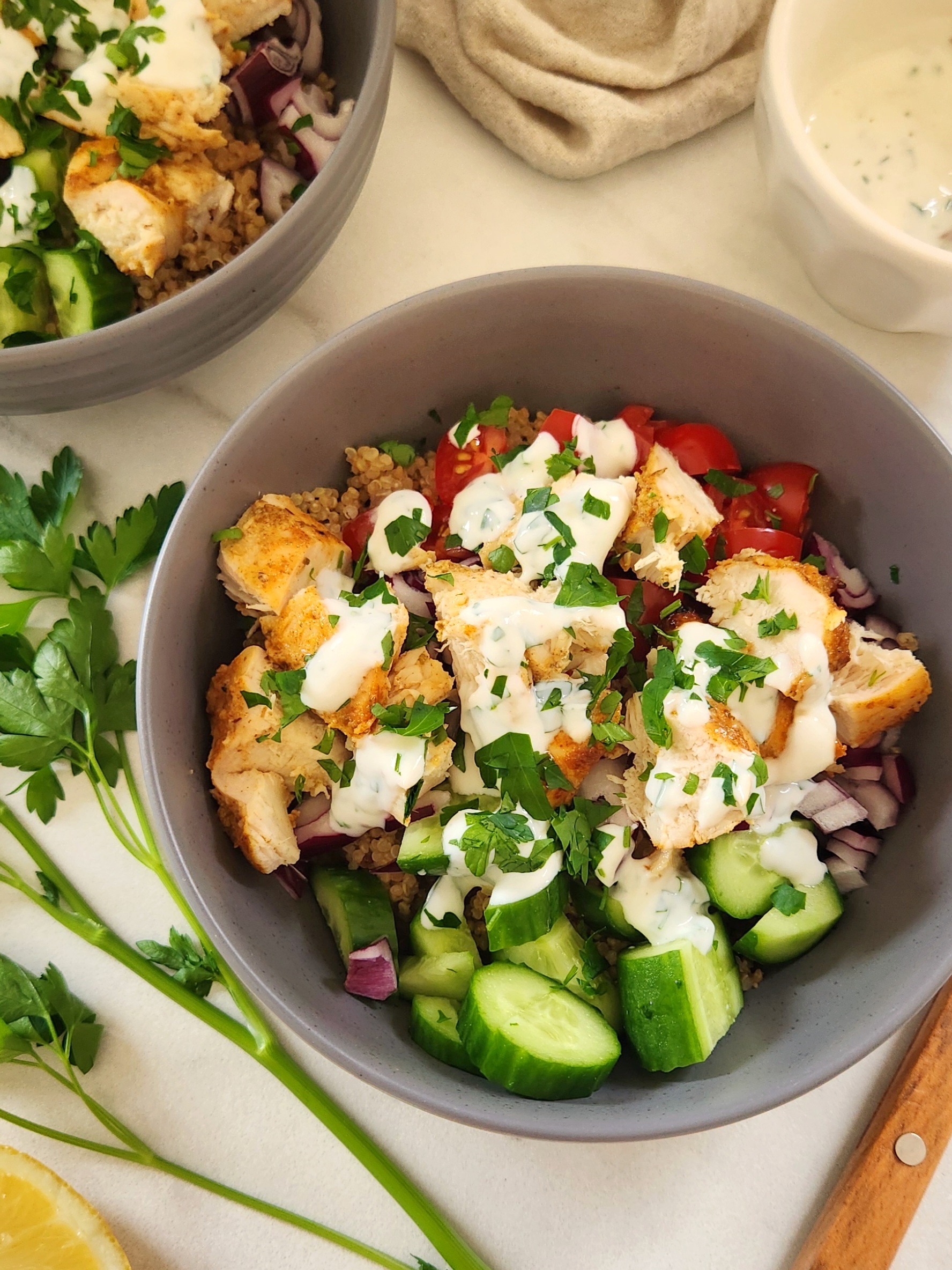 Healthy Chicken Quinoa Bowl with Yogurt Sauce (High-Protein Meal)