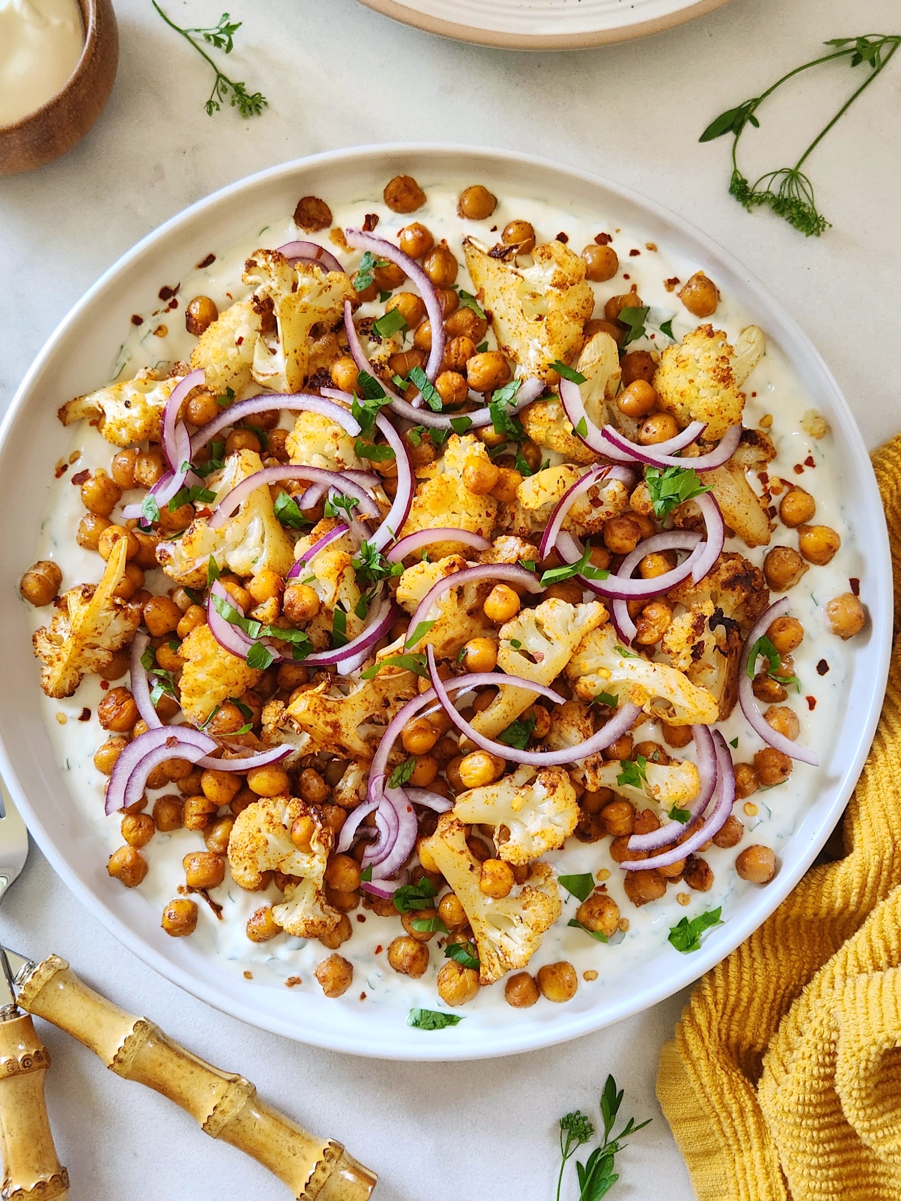 Healthy Roasted Cauliflower Side Dish with Chickpeas and Greek Yogurt
