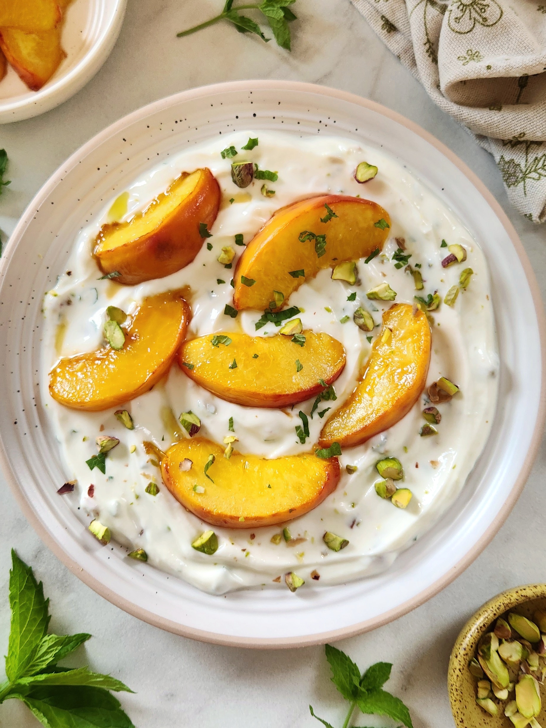 Peach Yogurt Dessert with Mint and Pistachios (High-Protein)